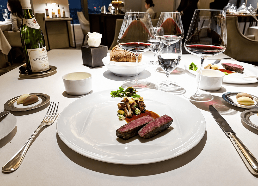 A fine-dining table at a five-star hotel, with a plated course, wine glasses and a wine bottle.