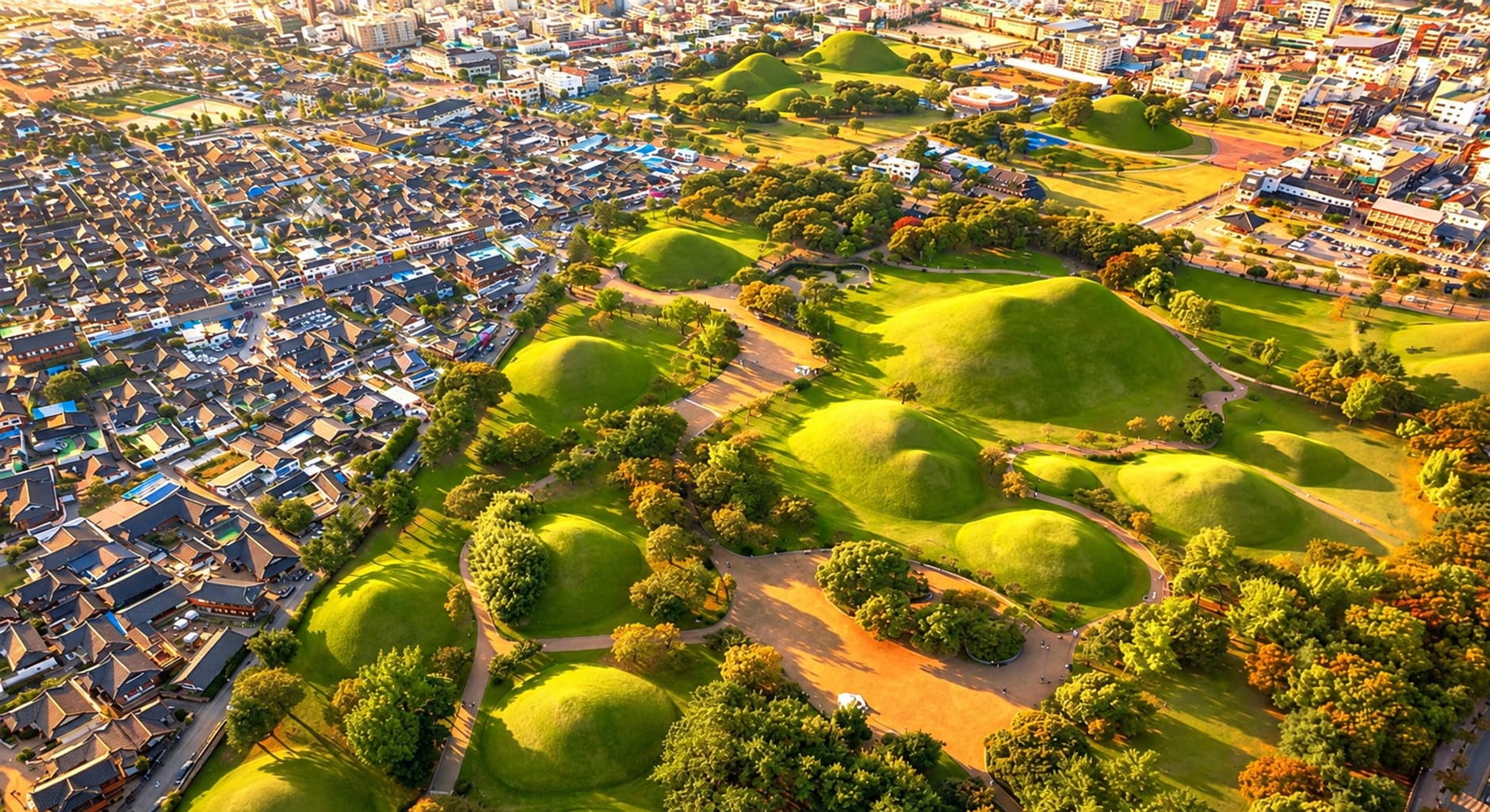The grass mounds of the royal tombs at Daereungwon in Gyeongju, under a summer sky.