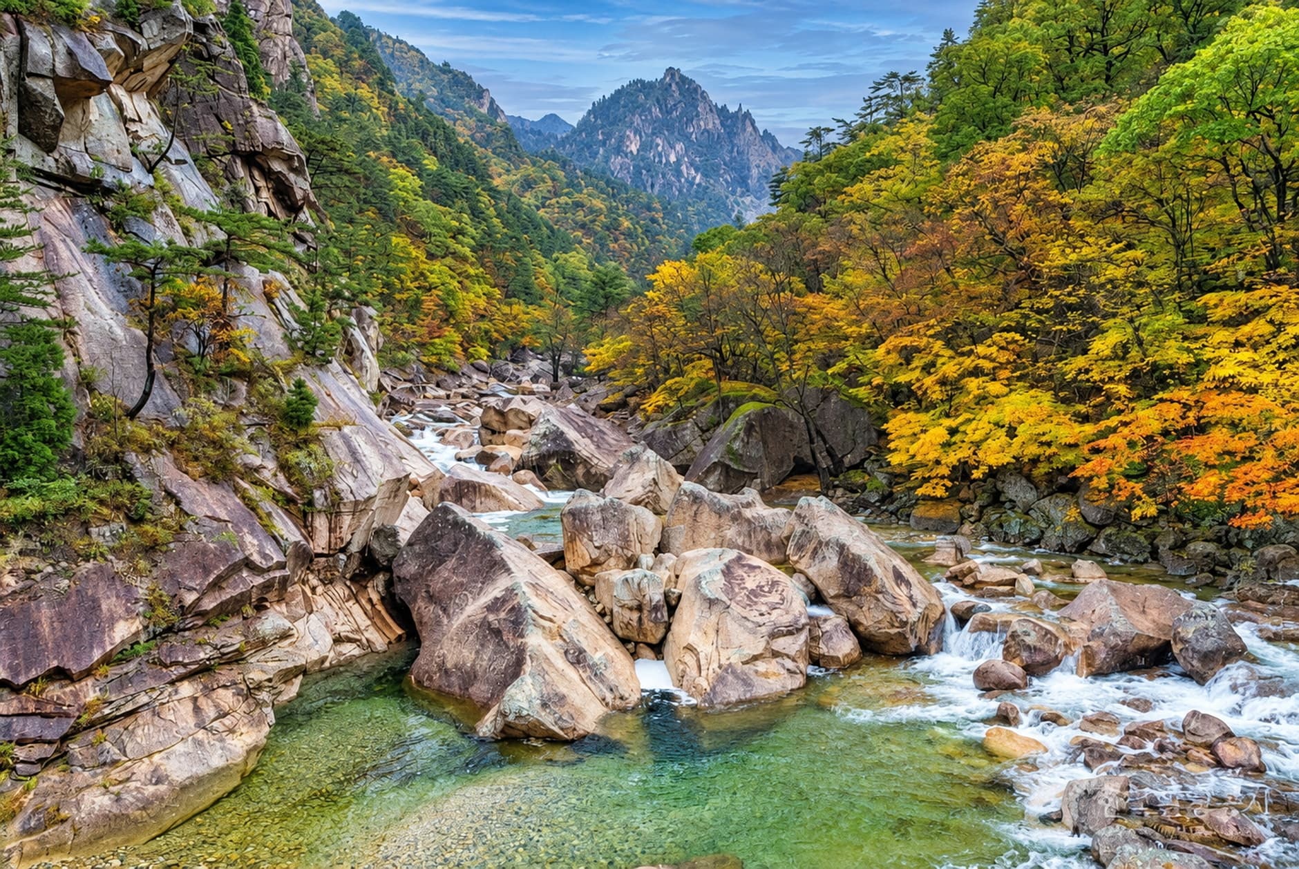 A clear stream running between large boulders below wooded slopes in Seoraksan National Park, with early autumn colour on the hillside.