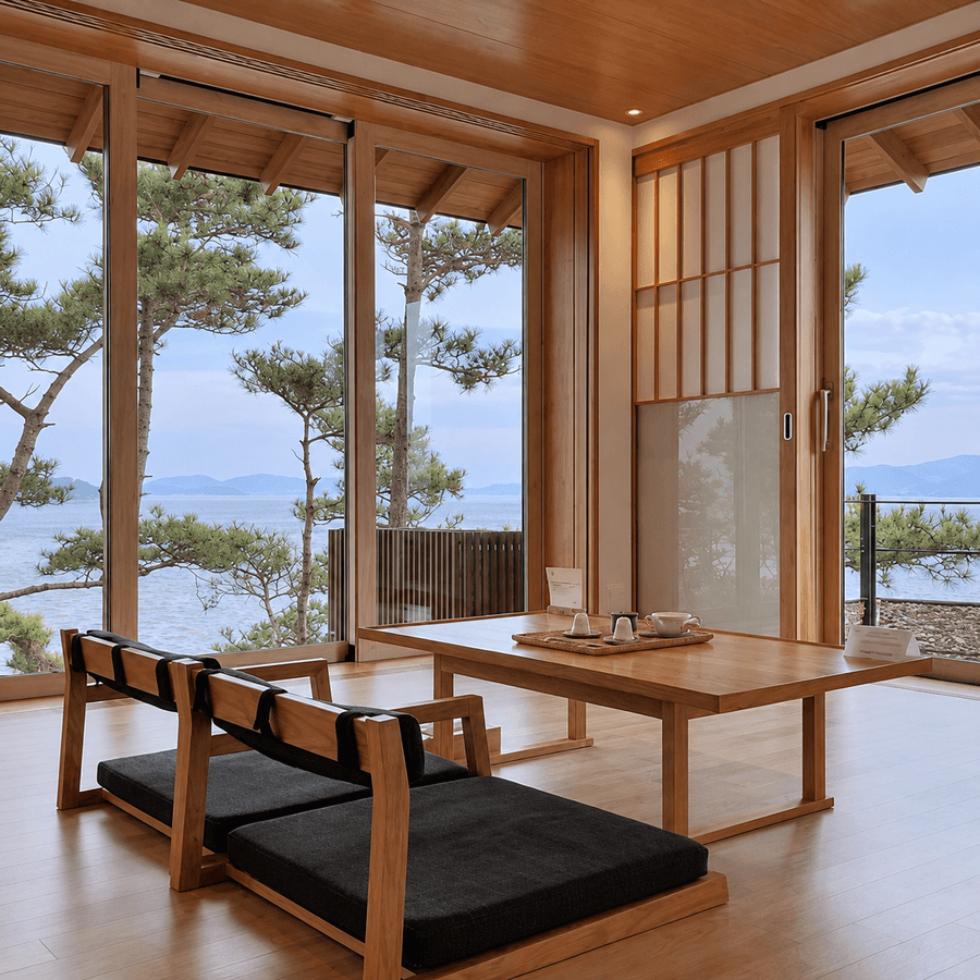 A sitting room in a timber-framed house facing the sea.