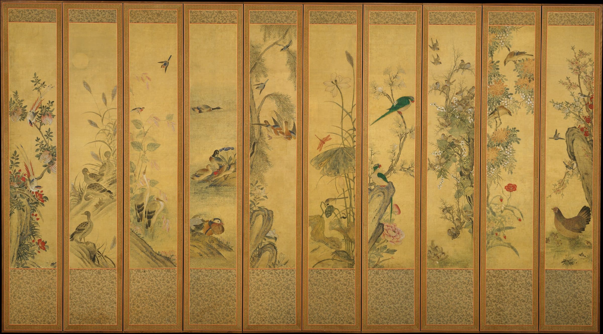 A Joseon ten-panel folding screen painted with birds and flowers