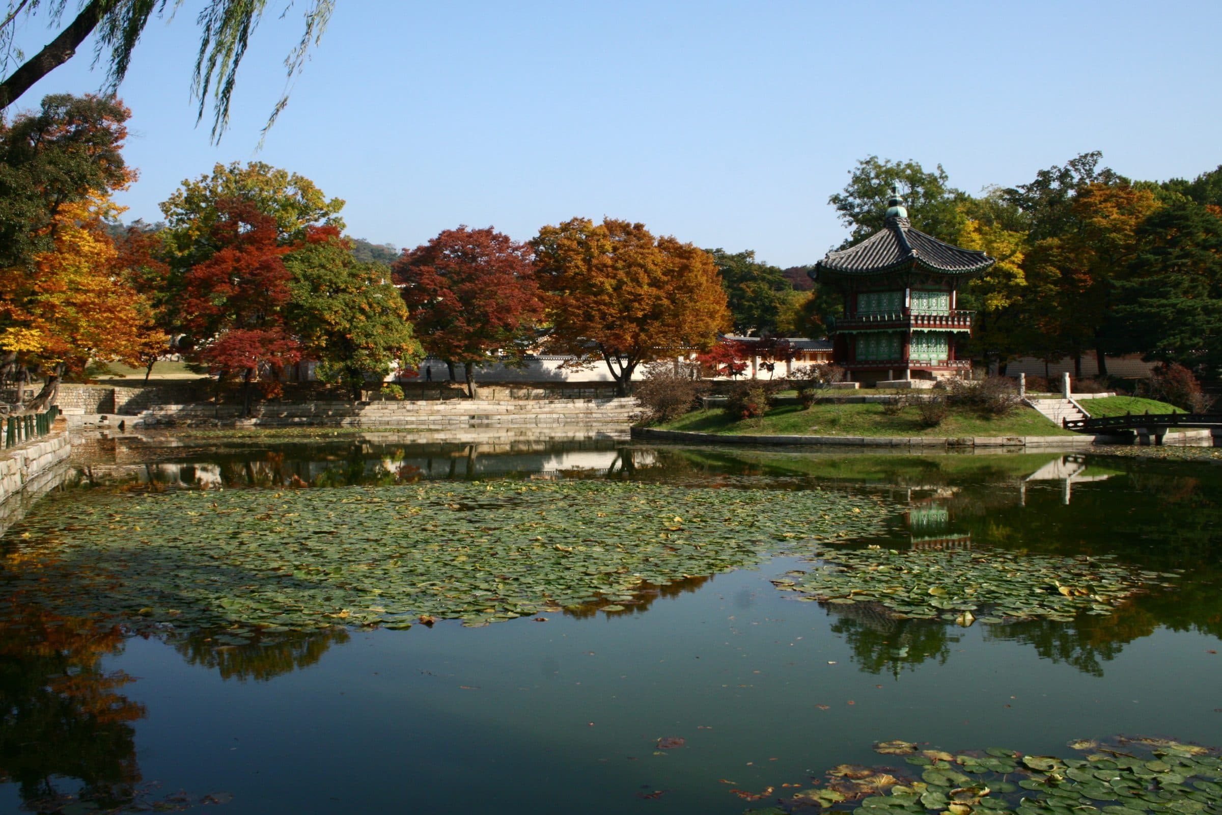 Hyangwonjeong pavilion at Gyeongbokgung, mirrored in its autumn pond